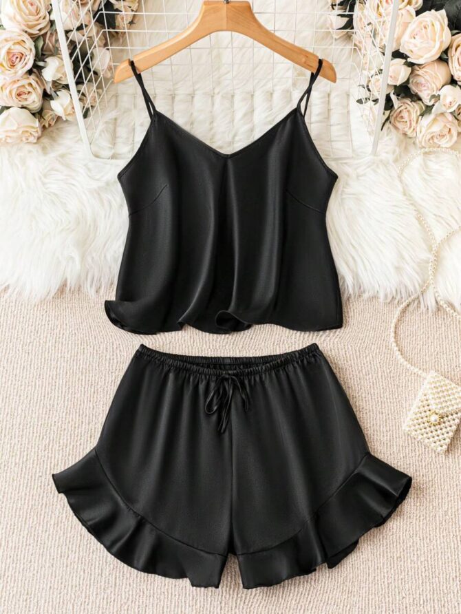 Chulfly Black Swan Frill Cami Set For W